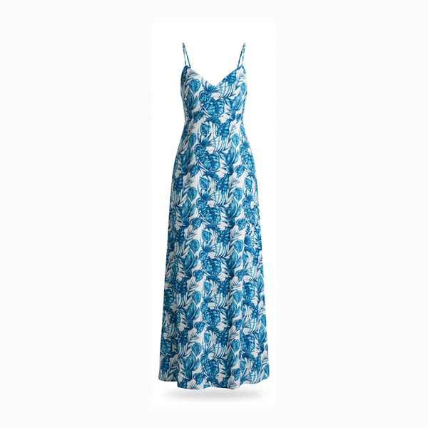 white and blue printed long frock having side slits