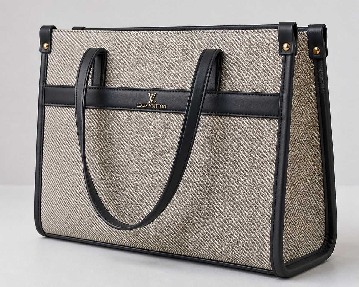 Stone Beige with Black Trim Ivory Weave Tote bag