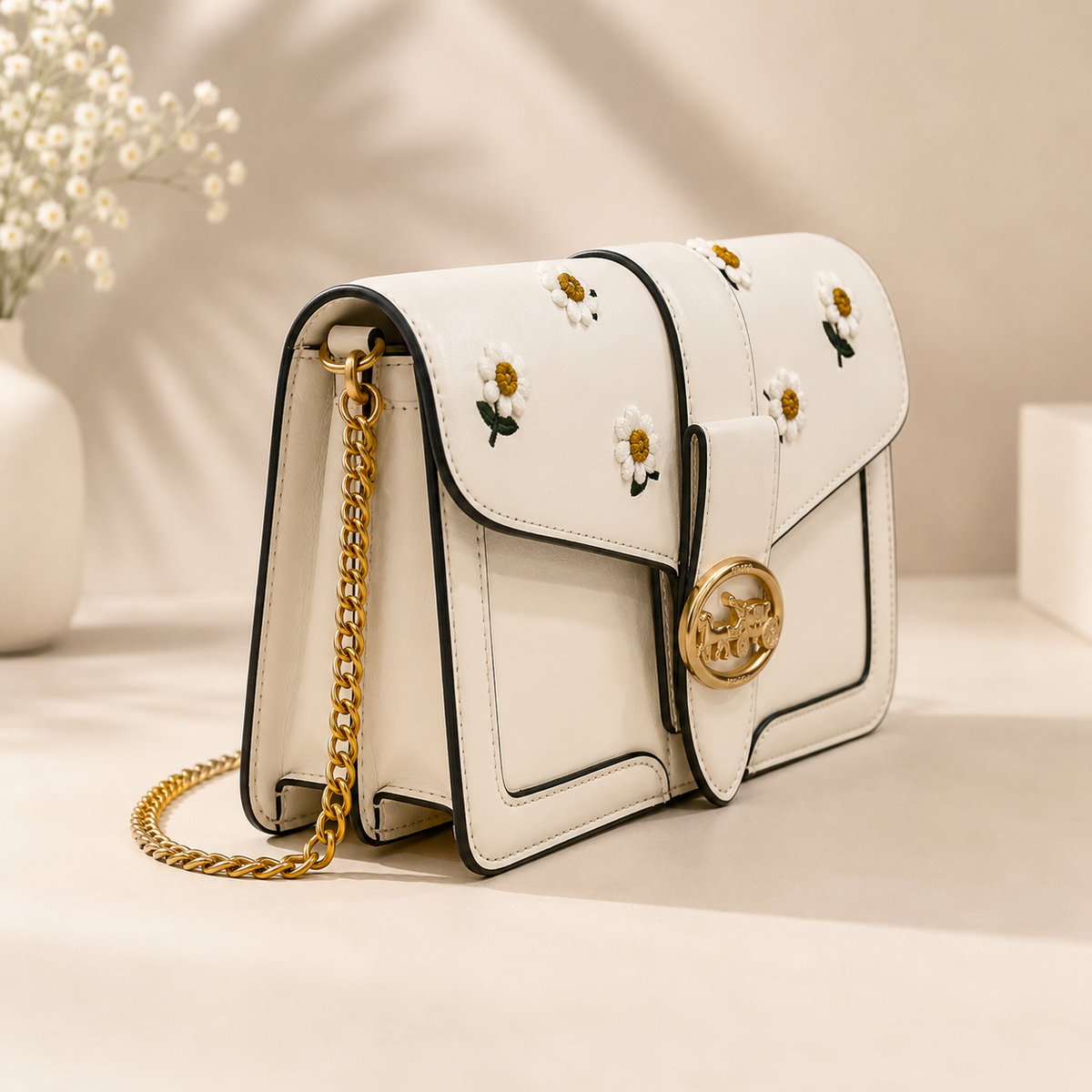 White Coach Daisy Embroidered Flap Bag