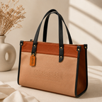 Sandstone Beige & Cognac Coach Tabby Shoulder Bag 26 features a distinct brass "C" logo hardware