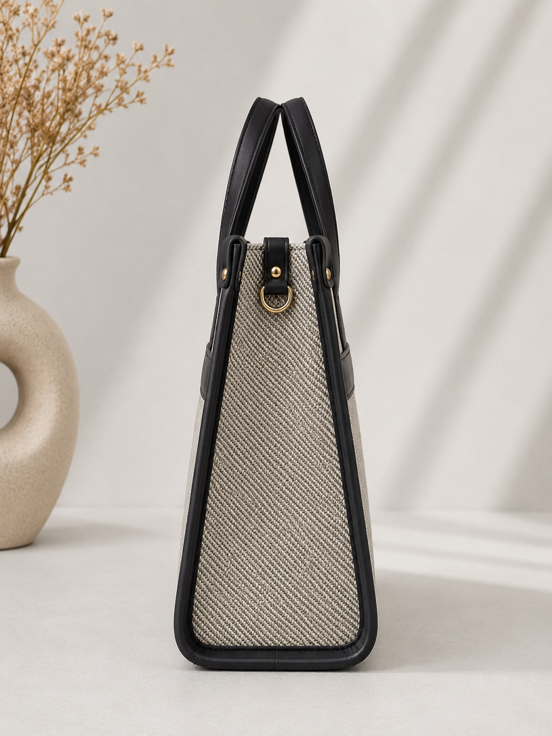 Stone Beige with Black Trim Ivory Weave Tote bag