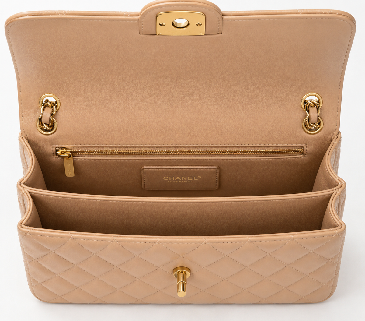 Chanel Mini Flap Bag in Apricot lambskin leather with a gold-tone chain strap and CC turn-lock