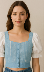 Blue Puff Sleeve Crop Top