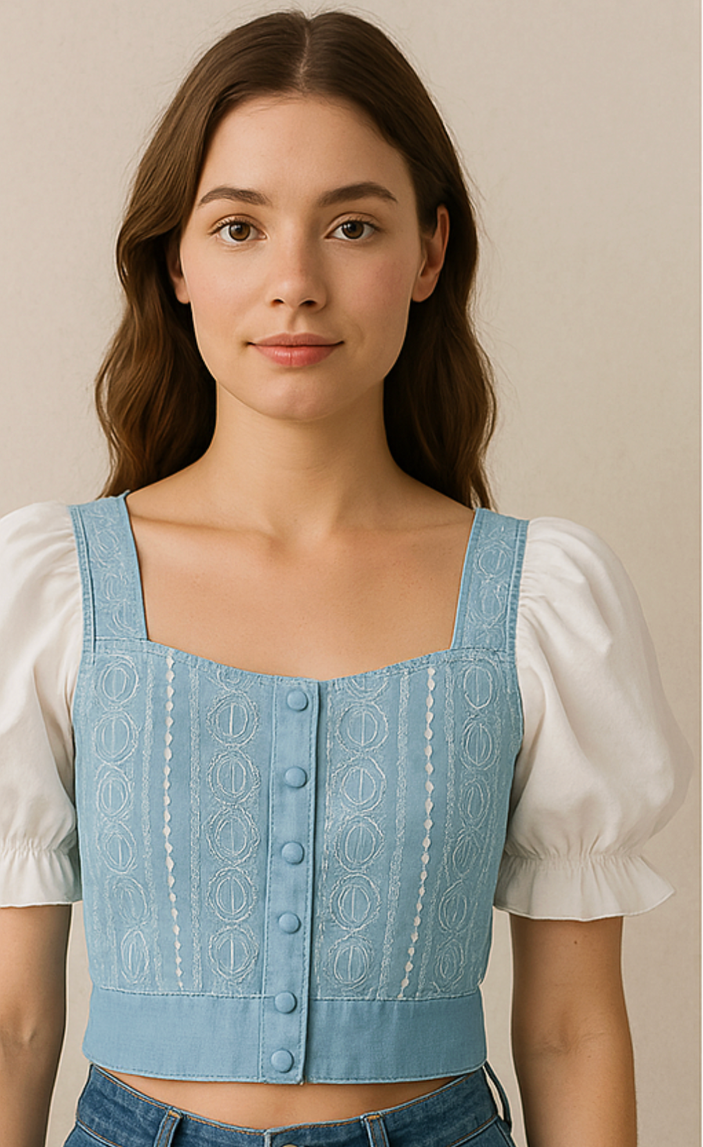 Blue Puff Sleeve Crop Top