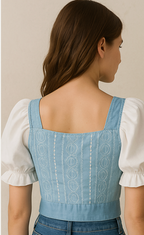 Blue Puff Sleeve Crop Top