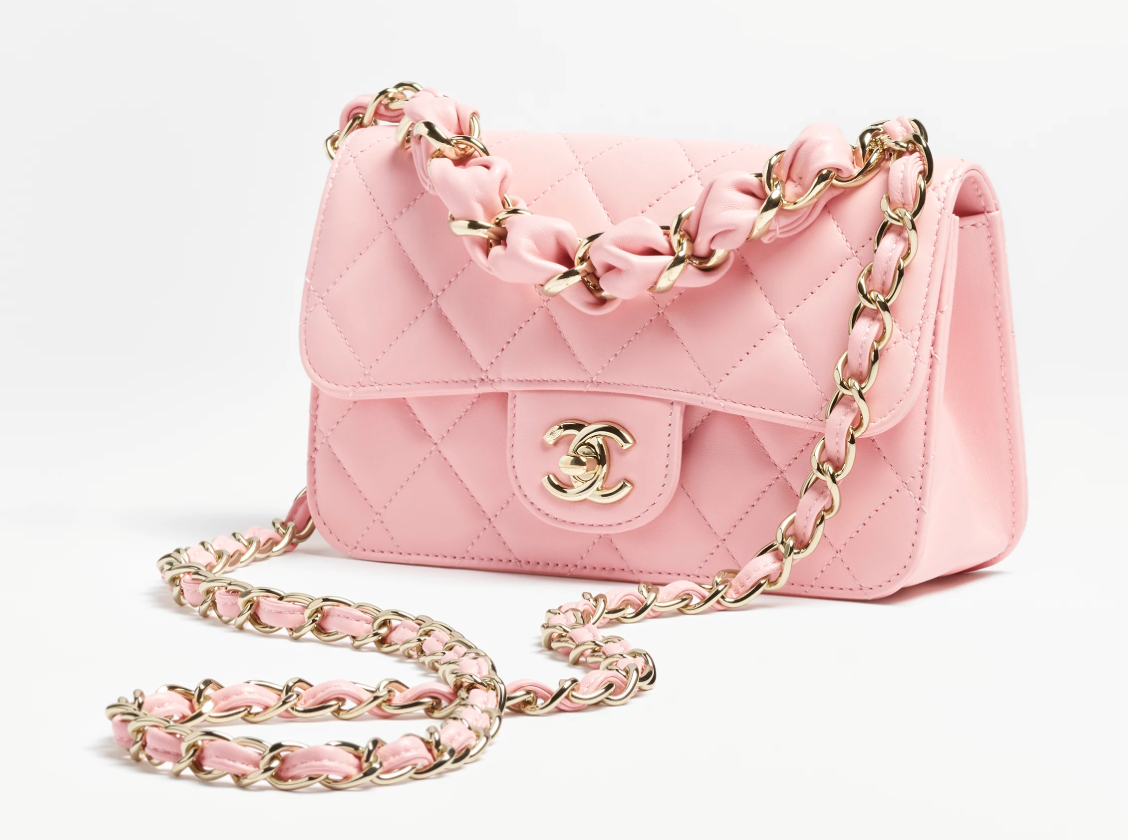 Chanel Mini Flap Bag in Pink lambskin leather with a gold-tone chain strap and CC turn-lock