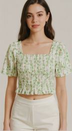 Floral Green Smocked Crop Top