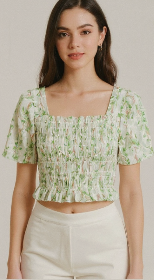 Floral Green Smocked Crop Top