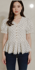 Floral Lace-Trimmed Button-Down Top