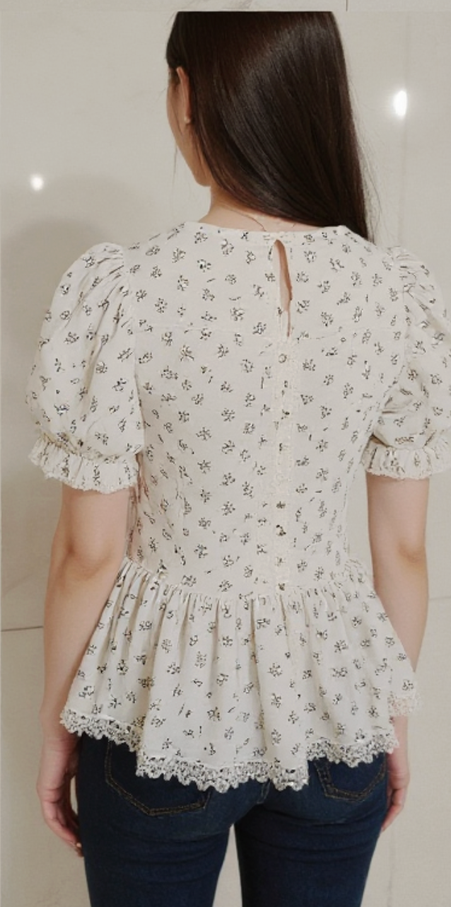 Floral Lace-Trimmed Button-Down Top