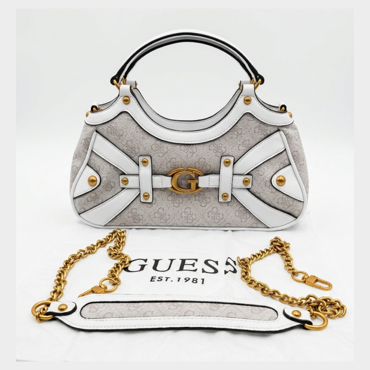 Guess mintha small satchel in white and gray logo print