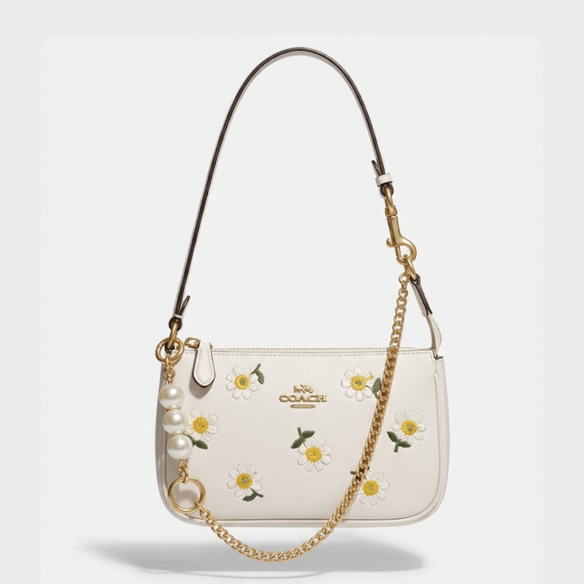 Coach Nolita 19 with Daisy Embroidery in refined pebble leather and white color.