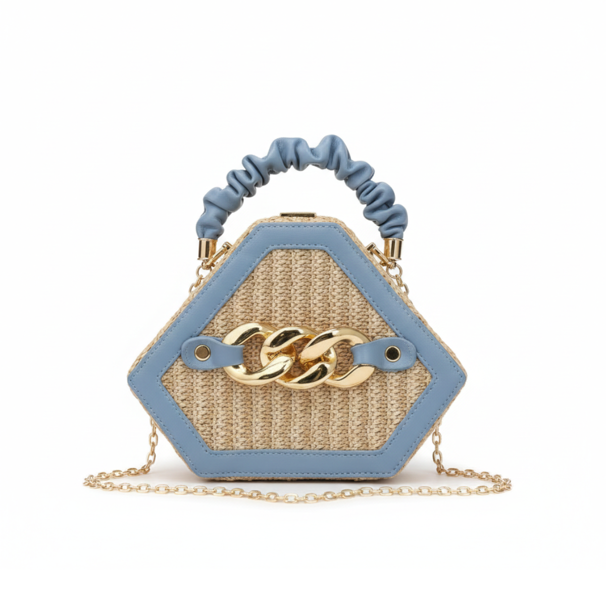 Straw Bag Rattan Women Shoulder Bag – Hexagonal Blue