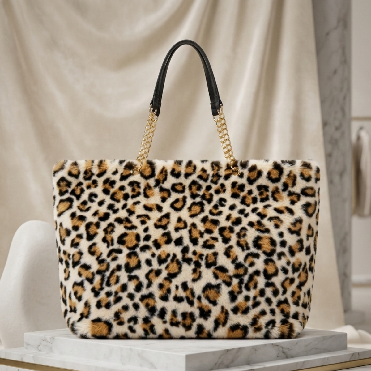 Fur Tote Hand Bag in White Cheetah colour