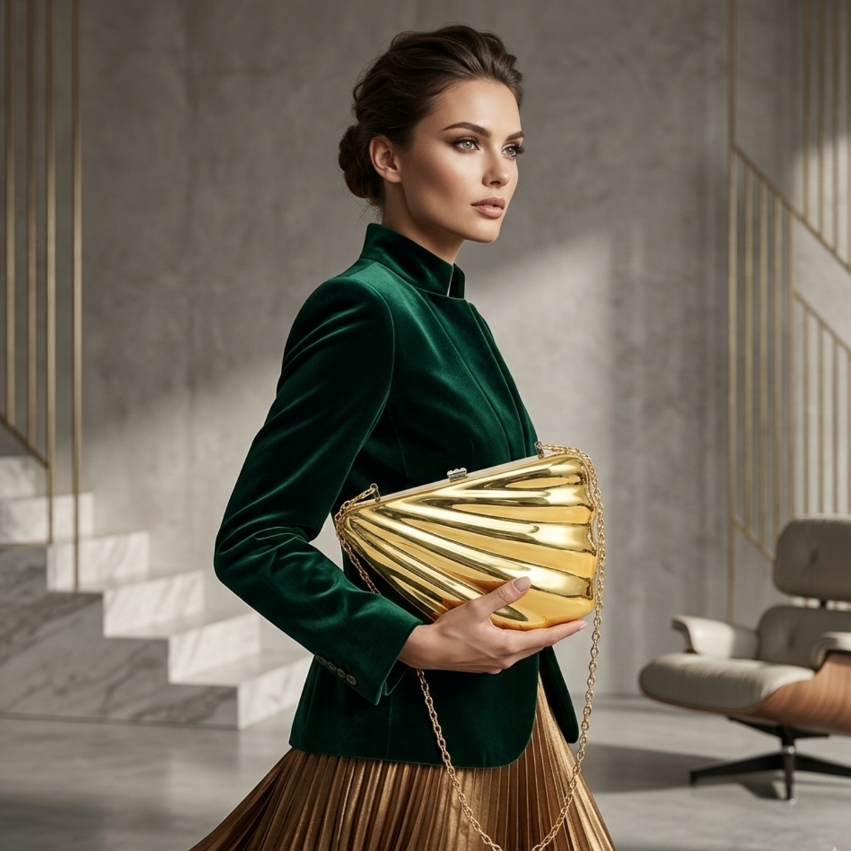 Shell Shaped Metal Hand Bag in Gold