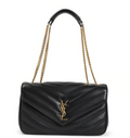 Saint Laurent Loulou medium shoulder bag in black matelassé leather.