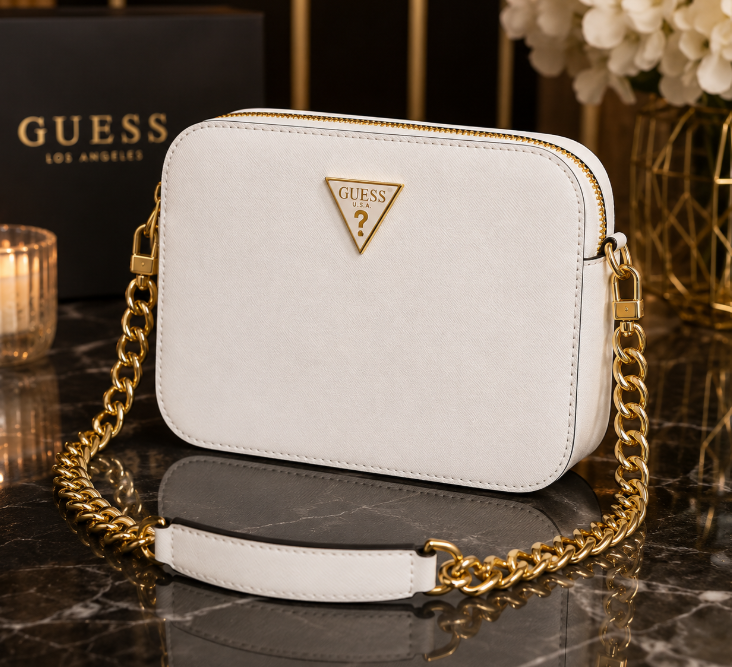 Guess Noelle Crossbody Camera Bag in white textured polyurethane material.