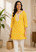 Elegant Yellow Floral Waist-Length Short Kurta