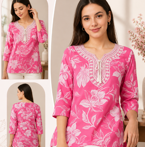 Elegant Pink Floral Waist-Length Short Kurta