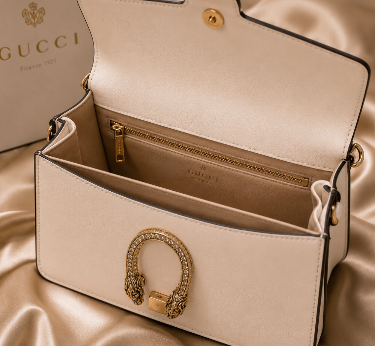 white Gucci Dionysus top handle bag with a silver-tone tiger head closure.