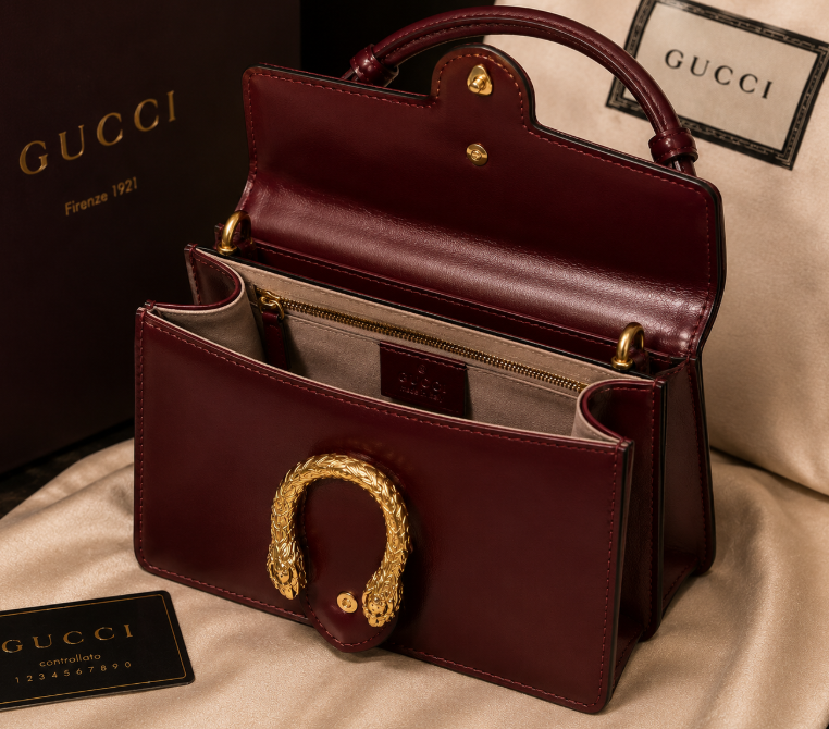 Maroon Gucci Dionysus top handle bag with a silver-tone tiger head closure.