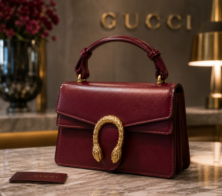 Maroon Gucci Dionysus top handle bag with a silver-tone tiger head closure.