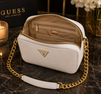 Guess Noelle Crossbody Camera Bag in white textured polyurethane material.