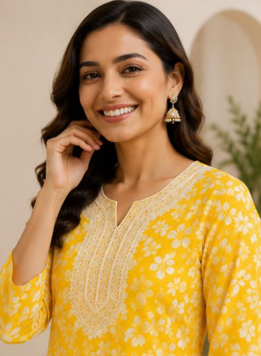 Elegant Yellow Floral Waist-Length Short Kurta