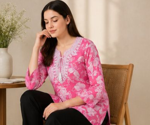 Elegant Pink Floral Waist-Length Short Kurta