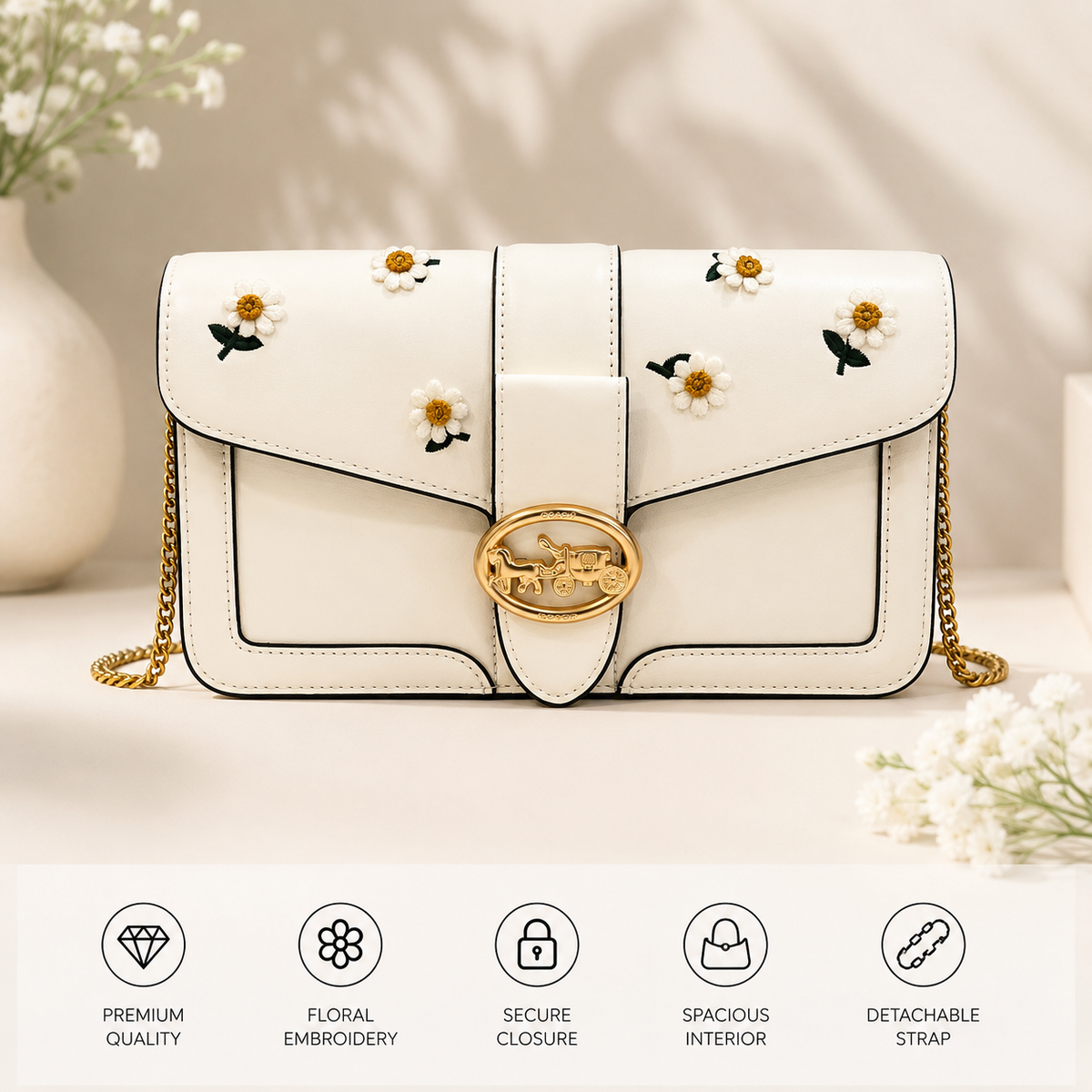 White Coach Daisy Embroidered Flap Bag