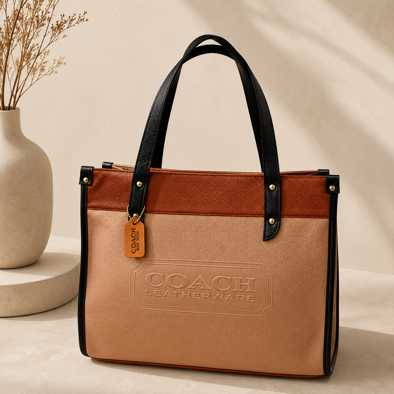 Sandstone Beige & Cognac Coach Tabby Shoulder Bag 26 features a distinct brass "C" logo hardware