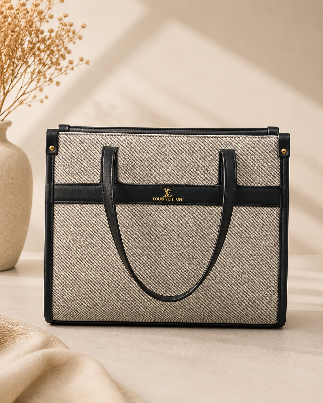 Stone Beige with Black Trim Ivory Weave Tote bag