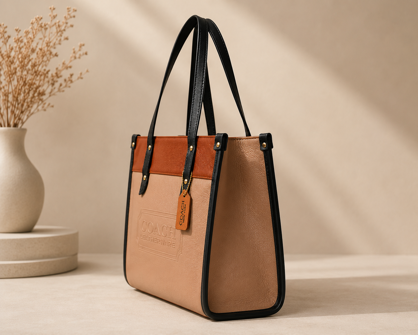 Sandstone Beige & Cognac Coach Tabby Shoulder Bag 26 features a distinct brass "C" logo hardware
